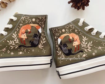 Christmas Embroidered Converse Sneakers: Fox & Cat, Witchy Fall Shoes