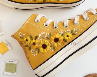 Hand Embroidered Sunflower High Top Sneakers, Yellow Floral Handmade Shoes, Cottagecore Aesthetic Gift for Her