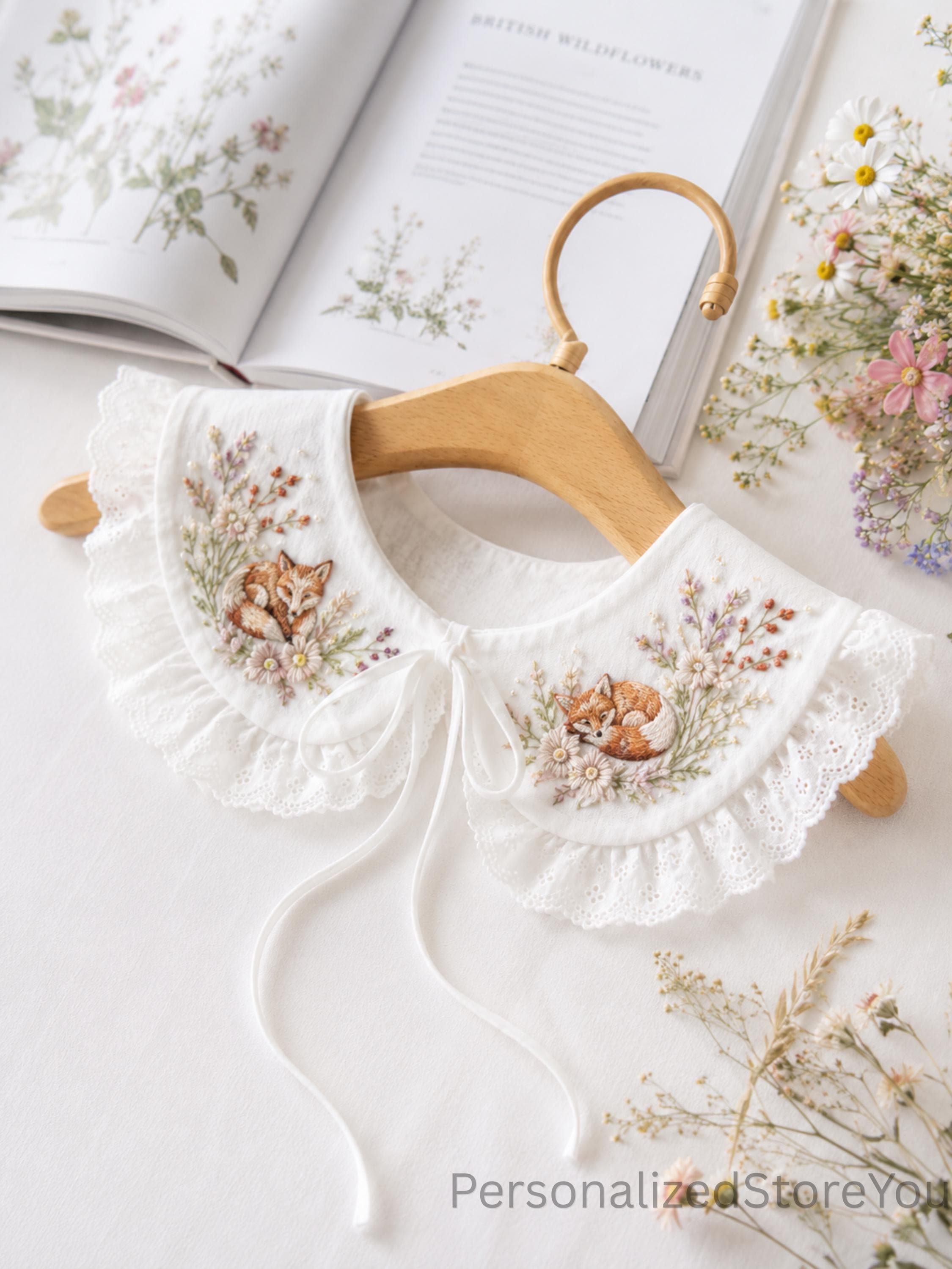 Fox Embroidered Removable Collar, Handmade Linen Peter Pan Collar, Woodland Lace Collar, Cottagecore Fashion Accessory