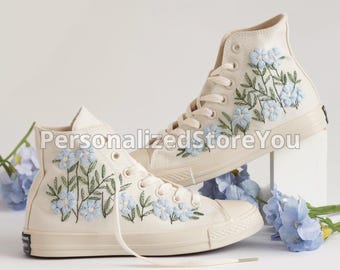 Personalized Converse: Blue Floral Embroidered Bridal Sneakers