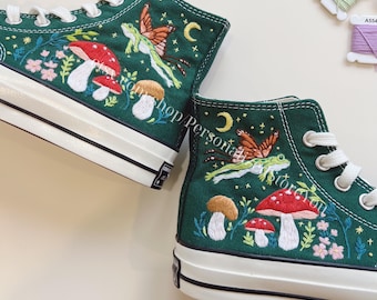 Embroidered Converse Sneakers: Custom Mushroom Frog Design