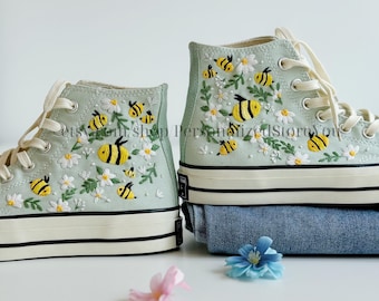 Embroidered Bee Converse High Top Sneakers: Floral Chuck Taylor Wedding Shoes