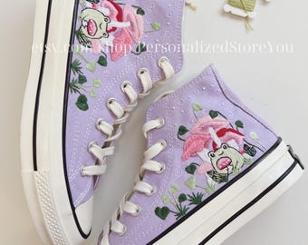 Custom Embroidered Converse Sneakers: Mushroom Frog Design