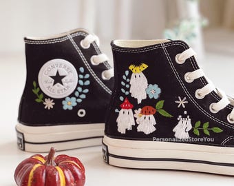 Halloween Embroidered Converse Shoes, Ghost with Mushrooms, Custom Sneakers