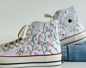 Custom Cherry Blossom Embroidered Converse Sneakers: Floral Wedding Shoes