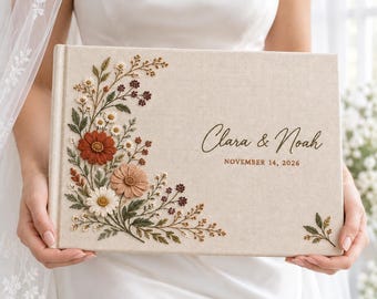 Personalized Wedding Guest Book, Hand Embroidered Linen with Terracotta Wildflowers, A5-A4 Landscape