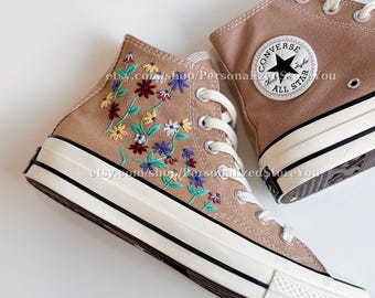 Custom Embroidered Converse High Top Sneakers: Piano Flowers Birthday Gift