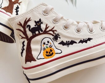 Embroidered Halloween Converse Sneakers, Ghost Cat Pumpkin Shoes, Custom High Tops