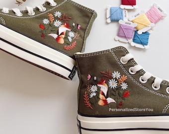 Embroidered Converse: Flower Fox & Wildflower Design, Custom Shoes