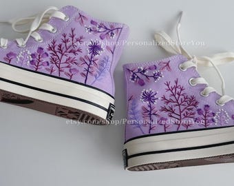 Lavender Floral Embroidered Converse Sneakers: Trendy High-Top Shoes