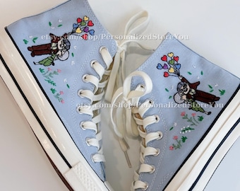 Bestickte hohe Sneakers: Cartoon & Blumenmuster