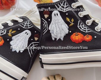 Custom Embroidered Halloween Converse Shoes,Pumpkin Embroidery Converse,Halloween Vibes Embroidered Sneakers,Embroidery Boo Shoes
