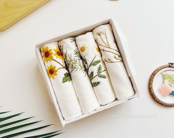 Embroidered Linen Napkins Set of 4: Organic Linen, Wildflower Design