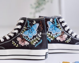 Zapatillas Converse bordadas personalizadas: diseño de mariposas y flores