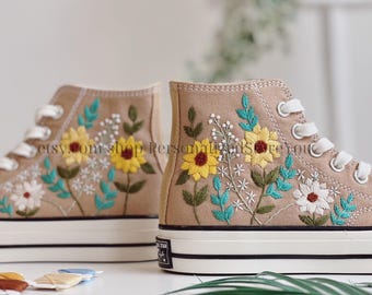 Kundenspezifische Sunflower bestickte Denim-Turnschuhe: Blumengeburtstagsgeschenk