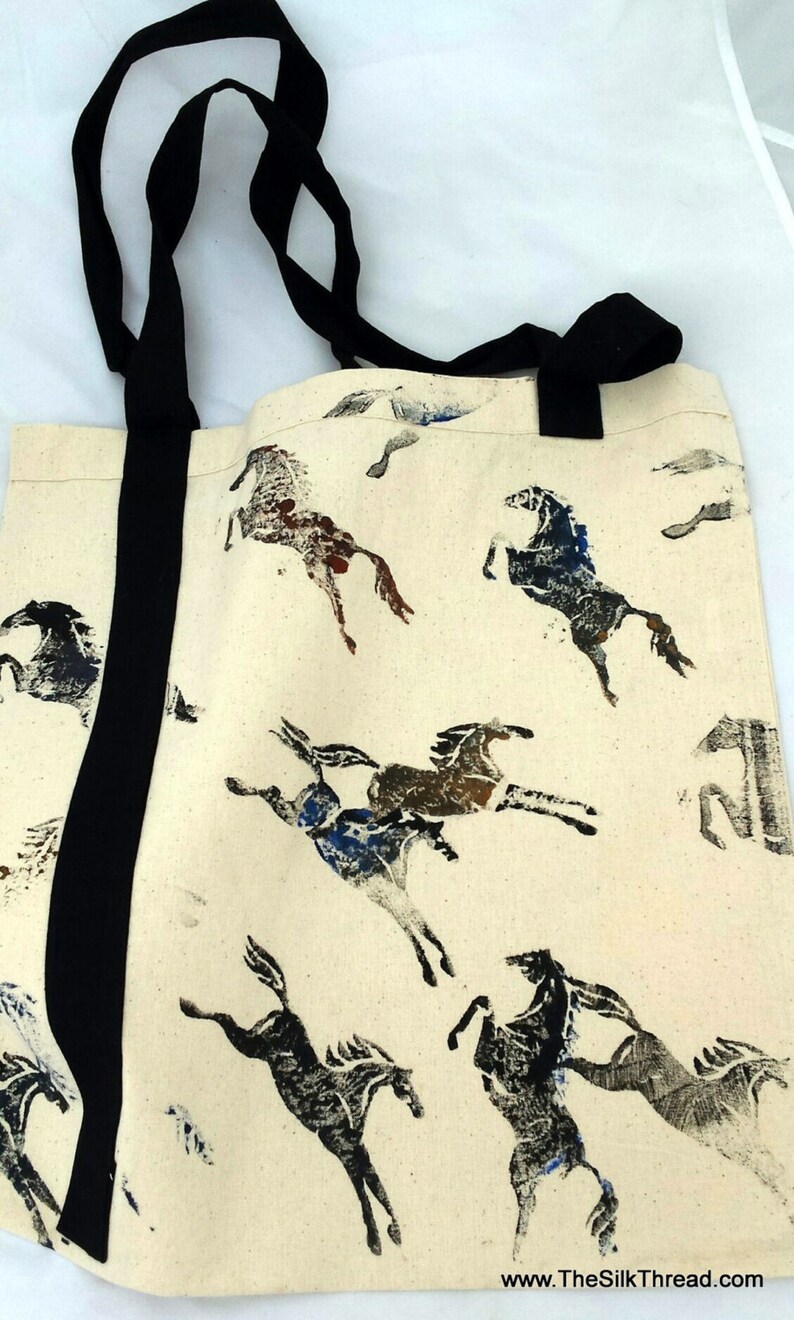 Tote Bag Horses Equine Art Hand Created on Cotton Fabric by Etsy