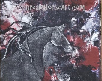 Abstract Horse, Black, Silver and Red on Canvas, Horses, Equine art, 4"x 4 x 1.5", Original Art by Artist M Theresa Brown, Ship USA