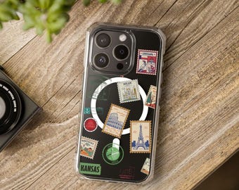 Vintage reispostzegels telefoonhoesjes | Doorzichtige magnetische impactcover | Leuke hoesjes voor iPhone 17, 16, 15, 14 en iPhone Pro-accessoires | Reisetui