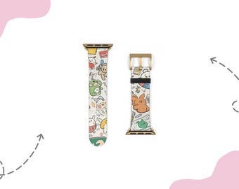 Kawaii Doodle Characters-horlogeband voor 38 mm 41 mm  42 mm 45 mm, geschikt voor Apple Watch Series 1, 2, 3, 4, 5, 6, 7, 8, 9 Ultra en SE-apparaten