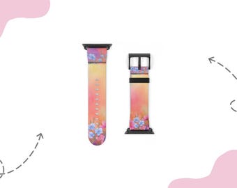 Roze perzikblauwe bloemband | Voor 38 mm 41 mm  42 mm 45 mm, geschikt voor Apple Watch Series 1, 2, 3, 4, 5, 6, 7, 8, 9 Ultra en SE-apparaten