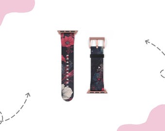 Apple Watch-band met donkere bloemen | Voor 38 mm 41 mm  42 mm 45 mm, geschikt voor Apple Watch Series 1, 2, 3, 4, 5, 6, 7, 8, 9 Ultra en SE-apparaten