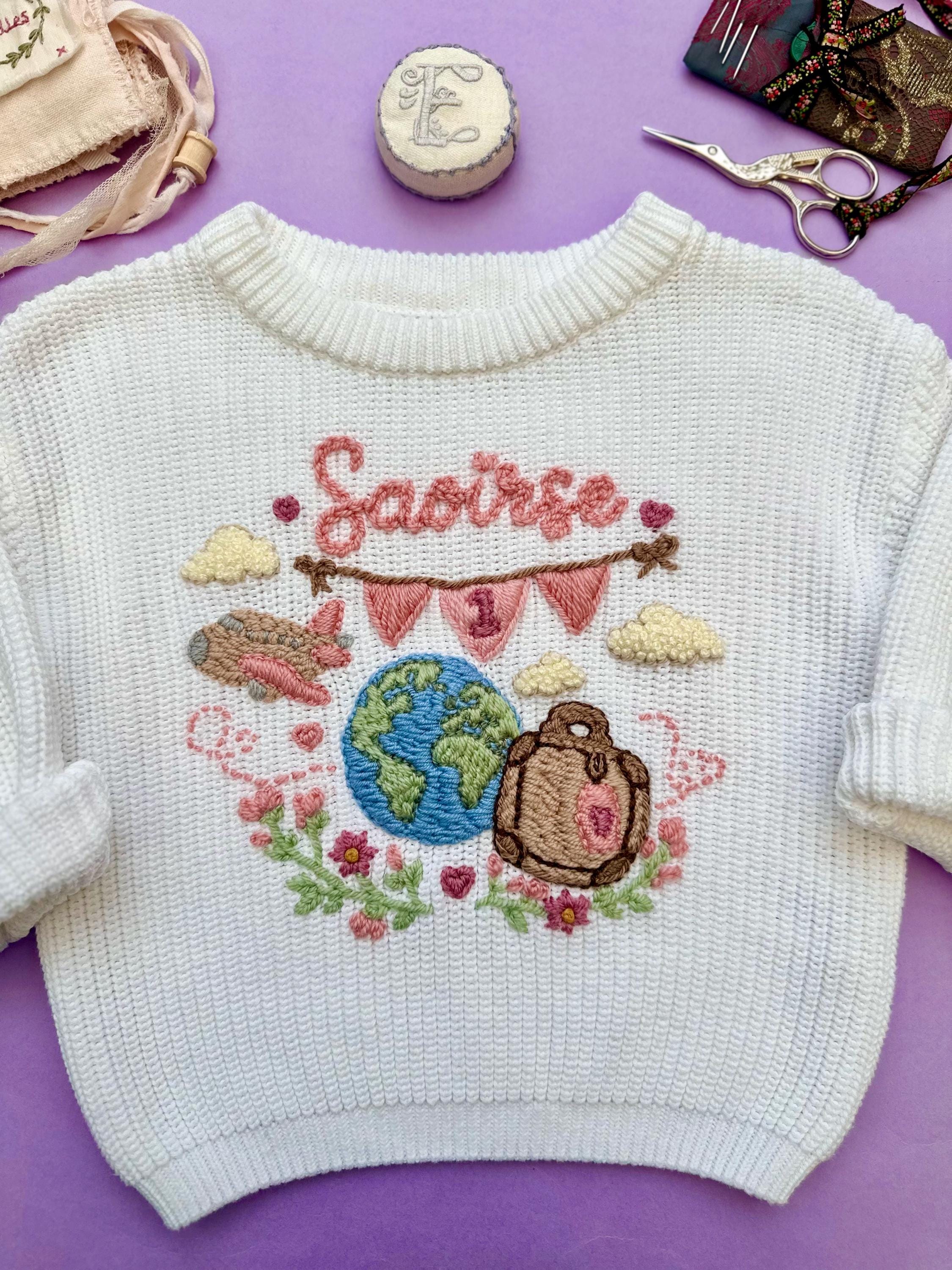 Personalised hand embroidered jumper name knit oversized knits trending toddler fashion Bespoke crochet designs