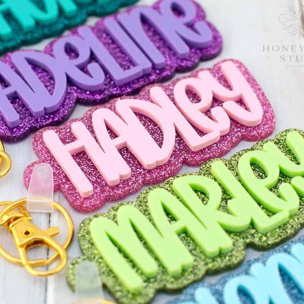 Backpack Name Tag Keychain Water Bottle Name Tag Personalized Custom Name Diaper Bag Tag for Girl Sports Keychain Back to School Glitter Tag