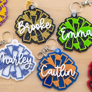 Personalized Cheer Pom Pom Keychain, Custom Name Acrylic Bag Tag for Cheerleaders