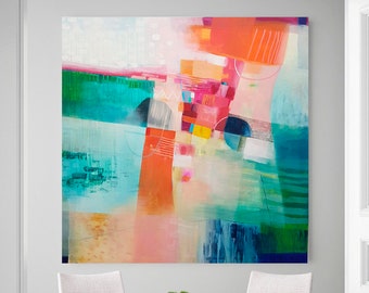 Orange and green geometric print, Colorful abstract  fine art, Large wall art print