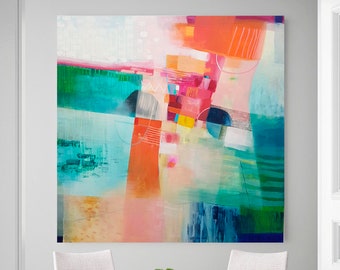 Impresión giclée geométrica naranja y verde, arte abstracto.