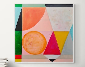 Original abstract painting on stretched canvas Ready to hang, Colorful geometric Multicolor abstract art, 40x40 inches