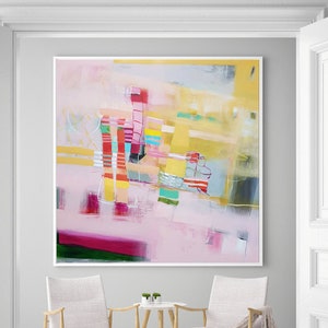 Pink and yellow geometric abstract large wall art print, Colorful abstract painting, Large wall decor