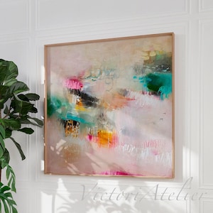 Abstract painting print,  Modern landscape, Pink and green wall art, Large abstract art