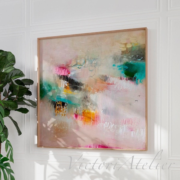 Abstract painting print,  Modern landscape, Pink and green wall art, Large abstract art