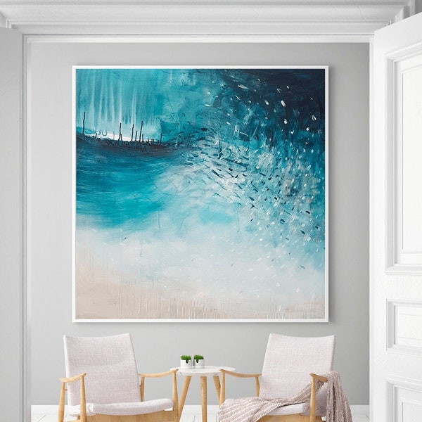 Original abstract seascape painting, Large blue wall art, Blue abstract modern canvas