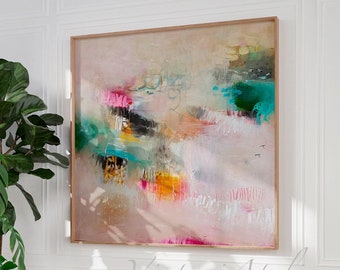 May include: Abstract painting with a pink, white and green colour scheme. The painting features a variety of brushstrokes and textures, creating a dynamic and layered effect. The painting is framed in a wooden frame.
