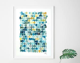 Dot painting, modern minimalist Watercolor blue circles, abstract watercolor painting giclee print,  Watercolor print, abstract painting