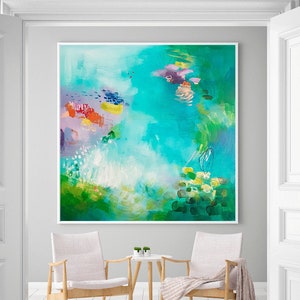 Blauwgroen aqua abstracte print, grote canvas muurkunst, groenblauw muurkunst, abstracte giclee