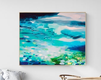 Abstract painting print, Blue landscape, Large abstract wall art