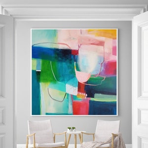 Bright and colorful geometric wall art print, modern abstract artwork, Large painting home decor, Blue and green abstract fine art