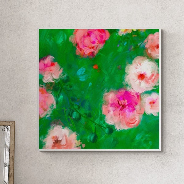 Impression florale d'art de mur, impression botanique abstraite, peinture tropicale extra large, grand art floral vert et rose