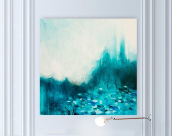 May include: A white armchair with a tufted back and chrome legs sits in a room with white walls and wood floors. A painting of a blue and green abstract landscape hangs on the wall above the chair.