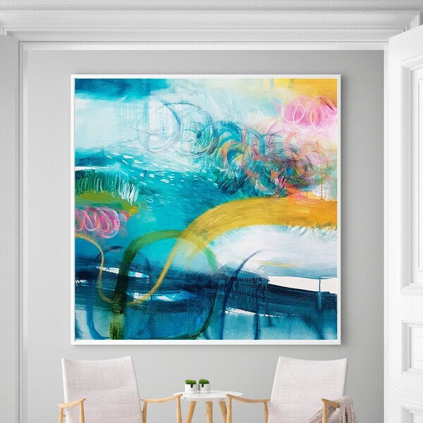 Extra grote abstracte print blauwe golven voor woonkamerinrichting, muurkunst strandhuis