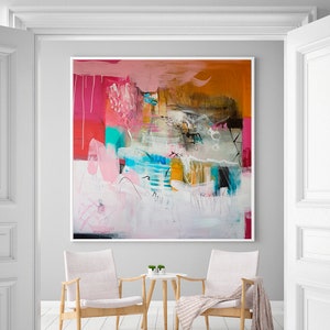 Pink mustard abstract print, Large abstract wall art, Living room wall decor