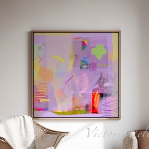 Stampa di pittura astratta lilla, Arte murale moderna in stile retrò, Arte murale extra large, Arte astratta con colori fluorescenti al neon, Arte viola eclettica