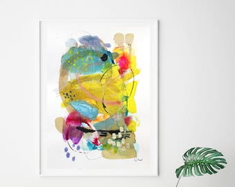 Bright wall art acrylic abstract giclee print, yellow modern abstract painting, colorful watercolor wall decor