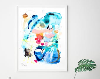 Puede incluir: Pintura abstracta de acuarela en tonos de azul, verde, rosa y amarillo. La pintura presenta una variedad de formas y líneas, creando una composición dinámica y enérgica.