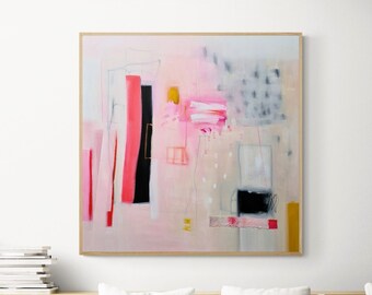 Abstract painting print, Coral and black abstract art , Geometric painting for modern décor, Large wall art