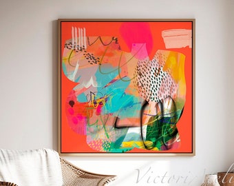 Impresión de pintura abstracta, Vibrante, colorido con colores vivos, Arte de pared extra grande, Pintura abstracta naranja brillante