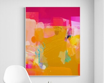 Yellow mustard magenta colorful vibrant abstract painting print, Modern living room wall decor, Bright pink fuchsia abstract art